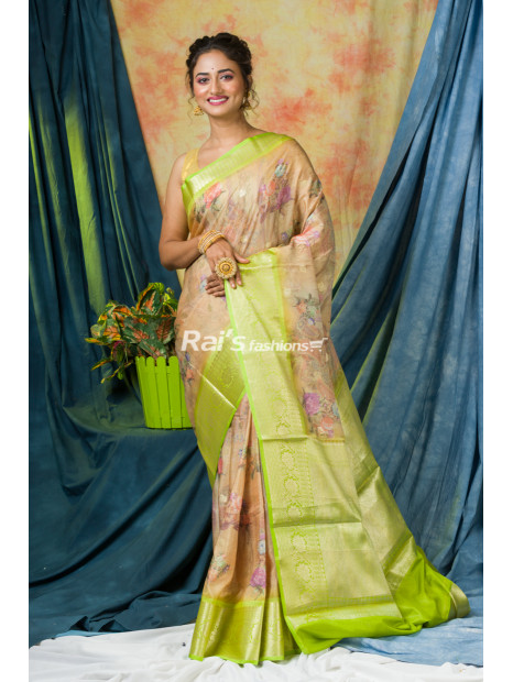 Handloom Soft Silk Saree With Traditional Benarasi Border And All Over Digital Print (KR239)